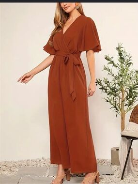 entro Rust Wide-Leg Wrap Jumpsuit with Tie Waist